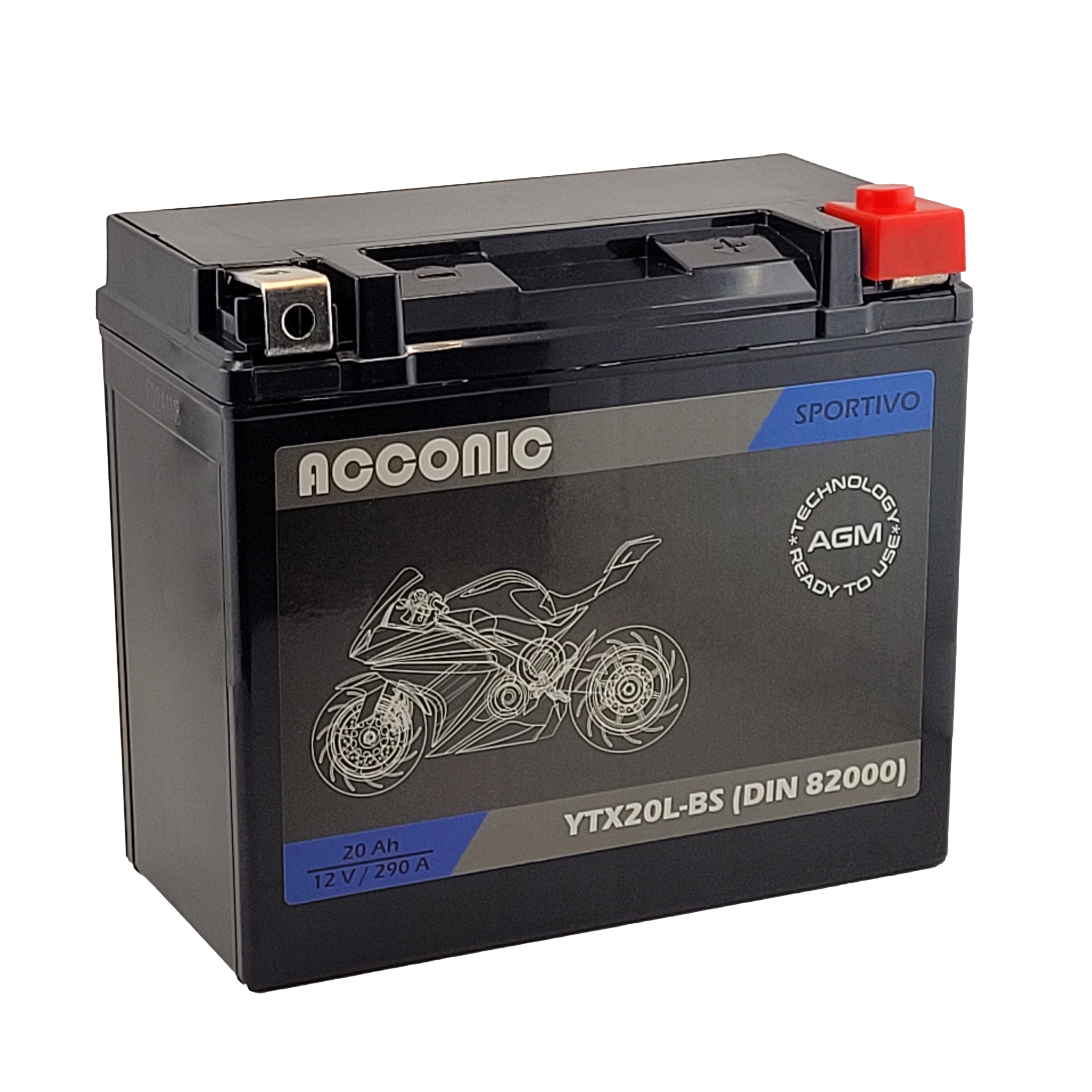 Acconic Sportivo AGM YTX20L-BS Motorradbatterie 20Ah 12V (DIN 82000)